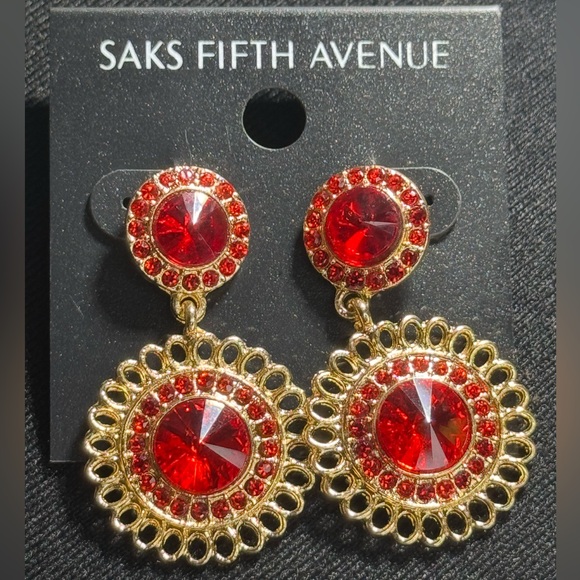 Bold Red Crystal Gold Statement Earrings Saks Fifth Avenue - Picture 1 of 6